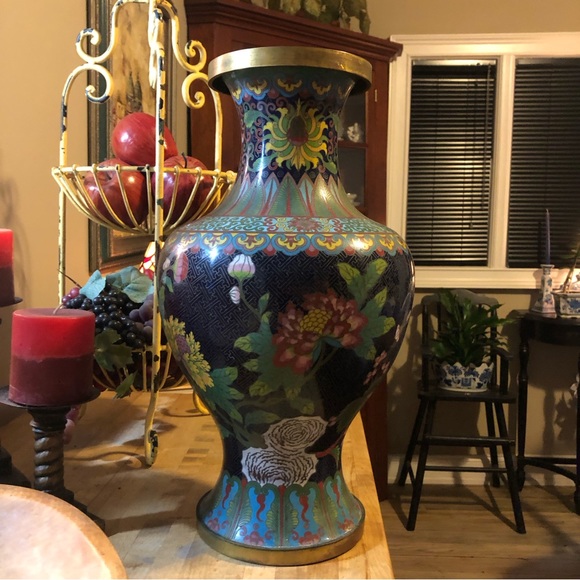 Large Qing Dynasty  Cloisonné Turquoise  Floral Vase - Picture 8 of 13